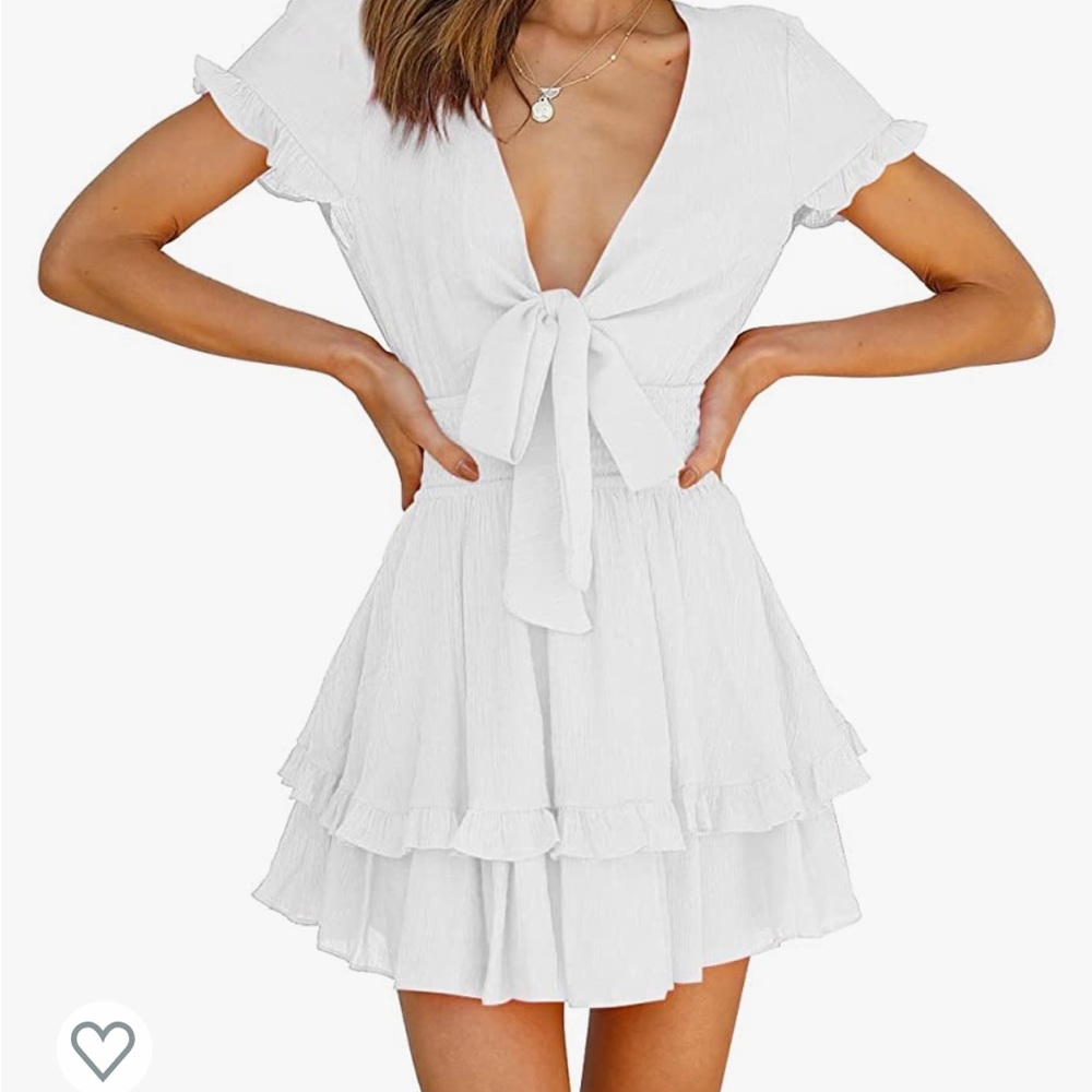 Smocked Chiffon Casual Dress Short Ruffle Sleeve Flowy V-Neck Tiered Mini Dress
